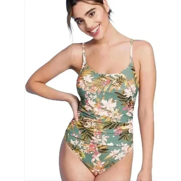 Kona Sol Swimsuit Womens L Green Floral Shirred Padded Bra Clip Back One Piece - Picture 1 of 12